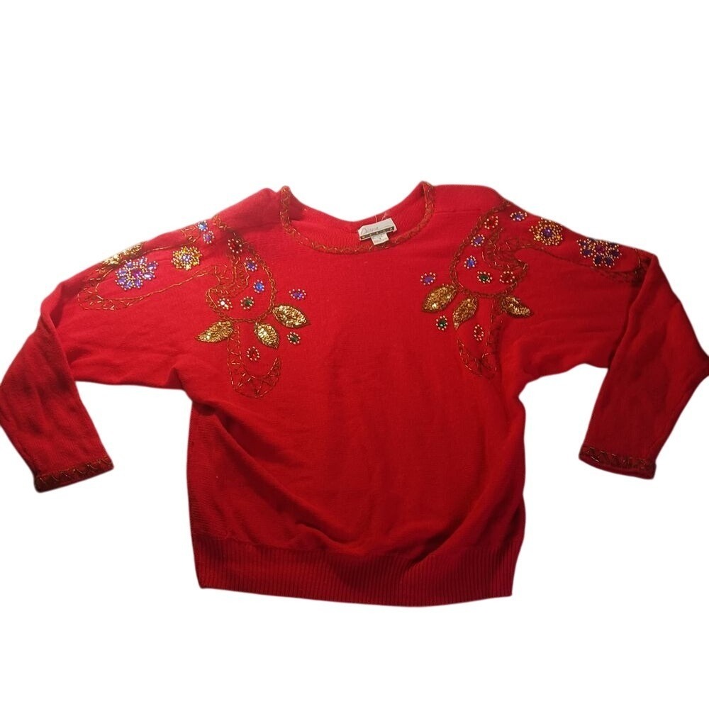 Diana Marco Vtg Red Beaded Sequin Sweater 18 Womens Xl Holiday Embellished Read